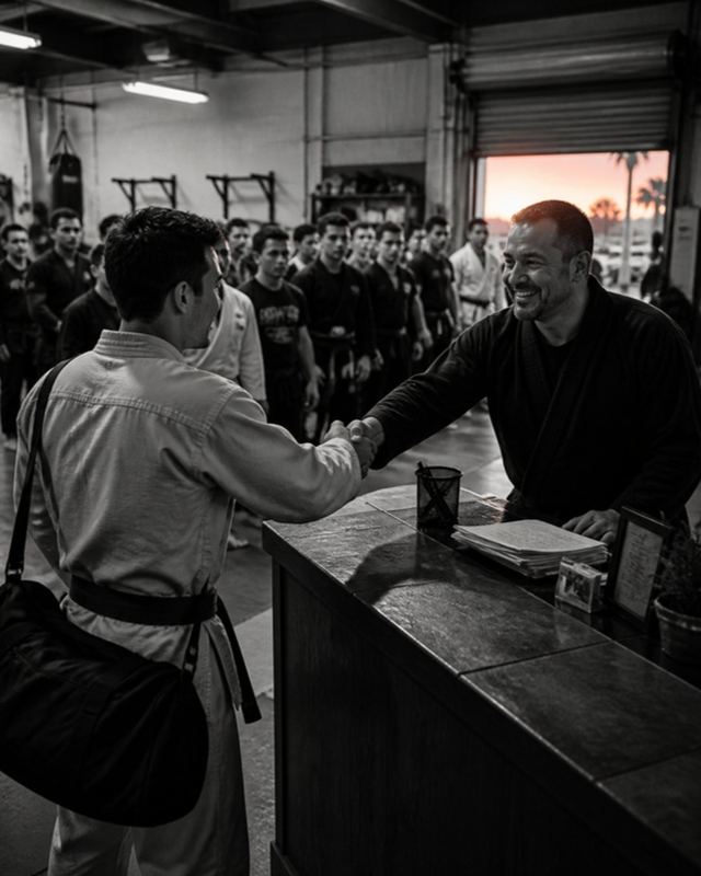 A gym owner welcoming a new student at a busy front desk
